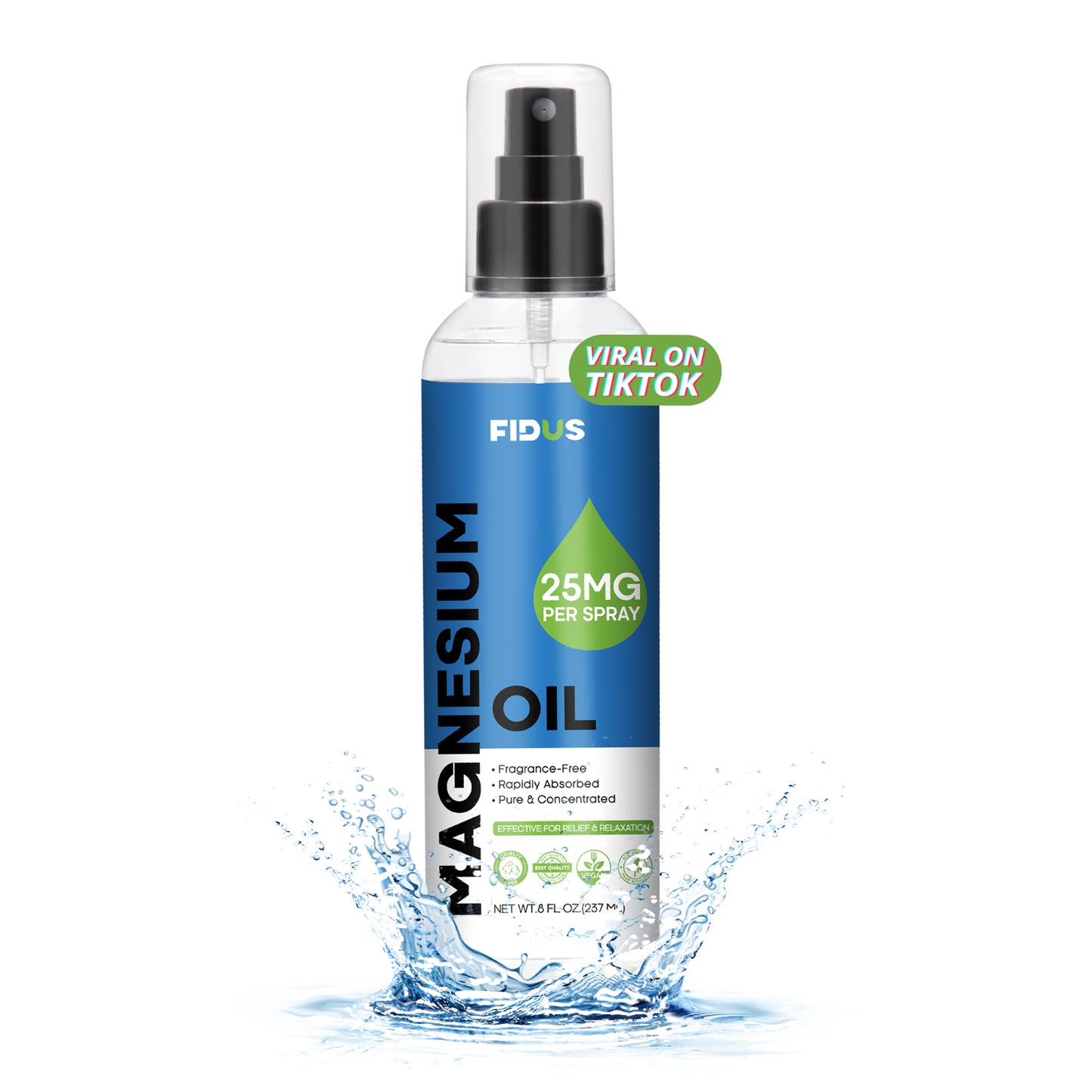 Fidus Pure Magnesium Oil Spray (25mg Magnesium in Each Spray) - Big 8 fl oz Topical Magnesium Chloride
