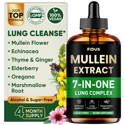 Mullein Drops for Lungs, Lung Detox for Smokers,Alcohol Free - 120 Servings