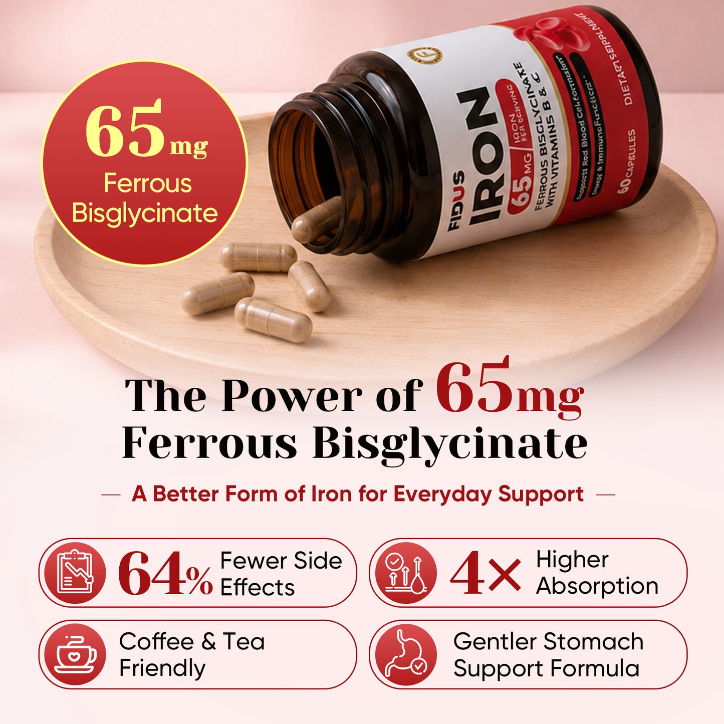 Iron Supplement for Women, 65mg Iron (Ferrous Bisglycinate 350mg), 60 Days