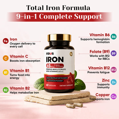 Iron Supplement for Women, 65mg Iron (Ferrous Bisglycinate 350mg), 60 Days