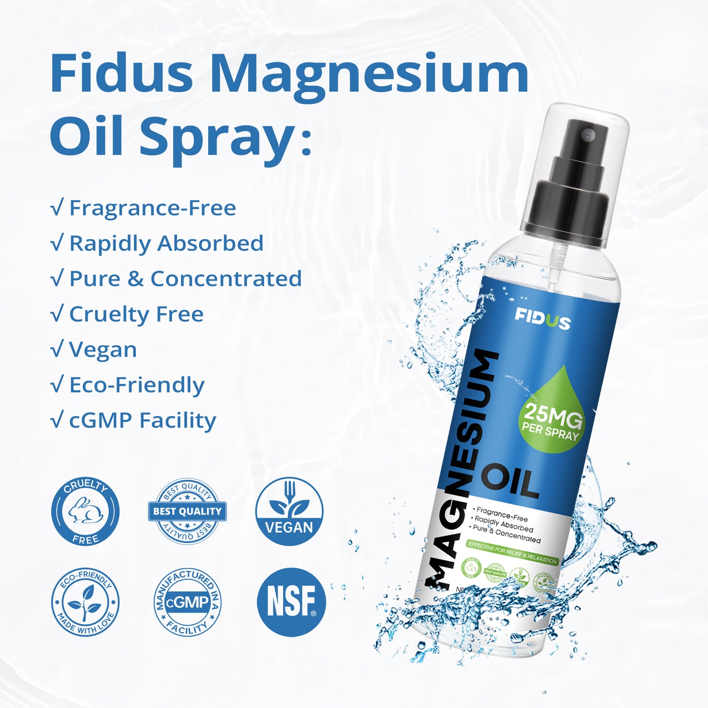 Fidus Pure Magnesium Oil Spray (25mg Magnesium in Each Spray) - Big 8 fl oz Topical Magnesium Chloride