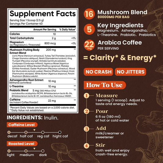 16 in 1 Mushroom Coffee with 8000mg Adaptogenic Mushrooms, 40 Servings