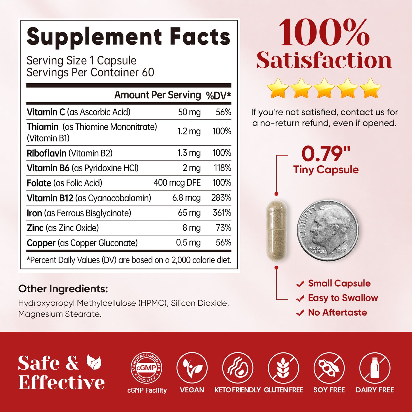 Iron Supplement for Women, 65mg Iron (Ferrous Bisglycinate 350mg), 60 Days