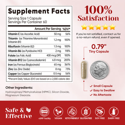 Iron Supplement for Women, 65mg Iron (Ferrous Bisglycinate 350mg), 60 Days