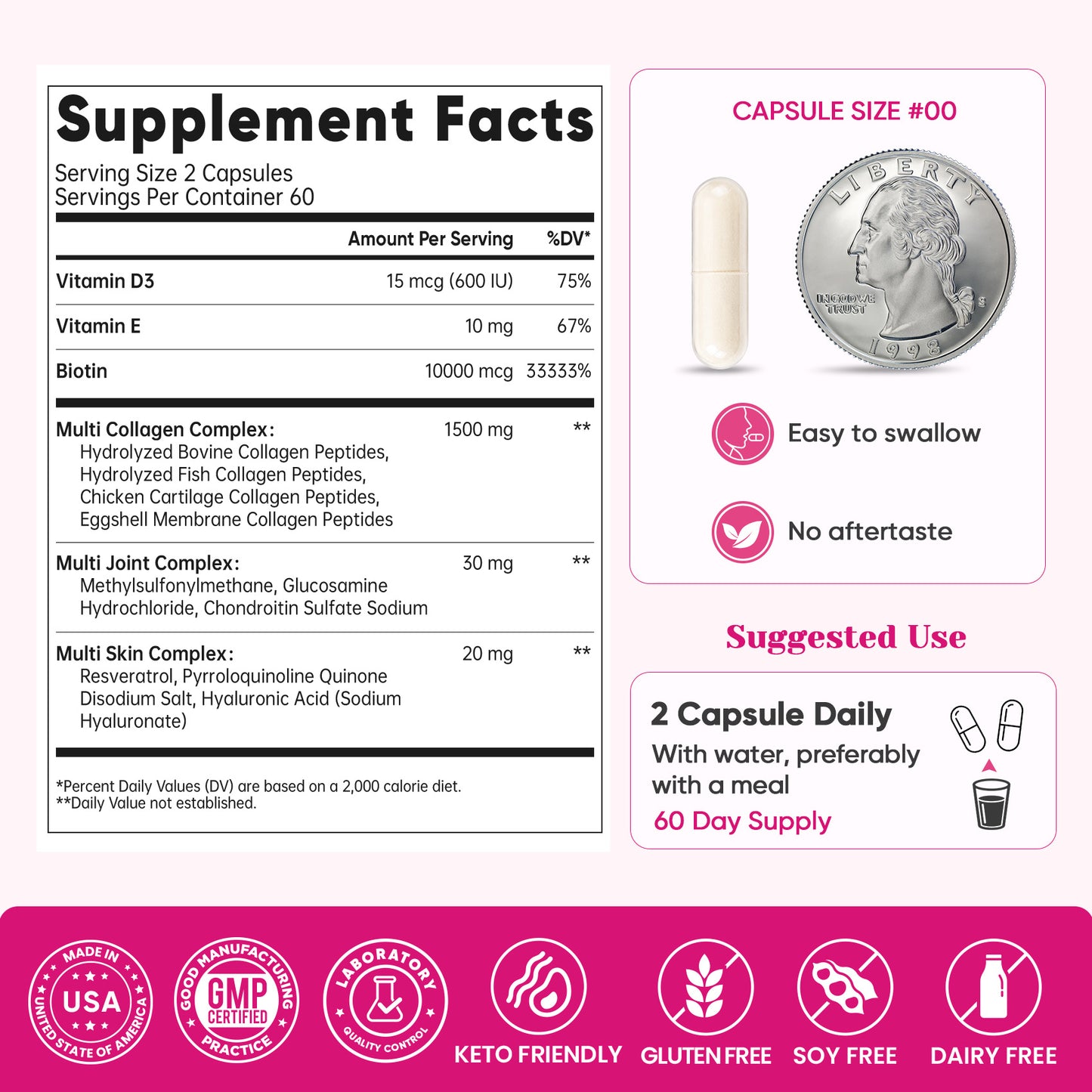 Multi Collagen Peptides Capsules - Collagen for Women with Biotin 10000mcg