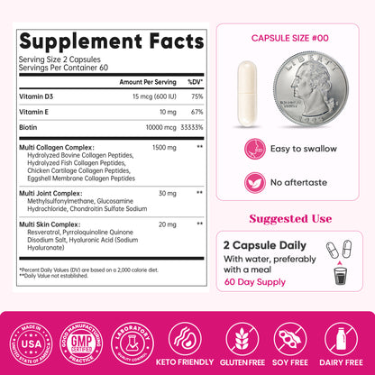 Multi Collagen Peptides Capsules - Collagen for Women with Biotin 10000mcg